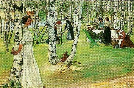 Carl Larsson frukost i det grona-mellan de vita stammarna Norge oil painting art